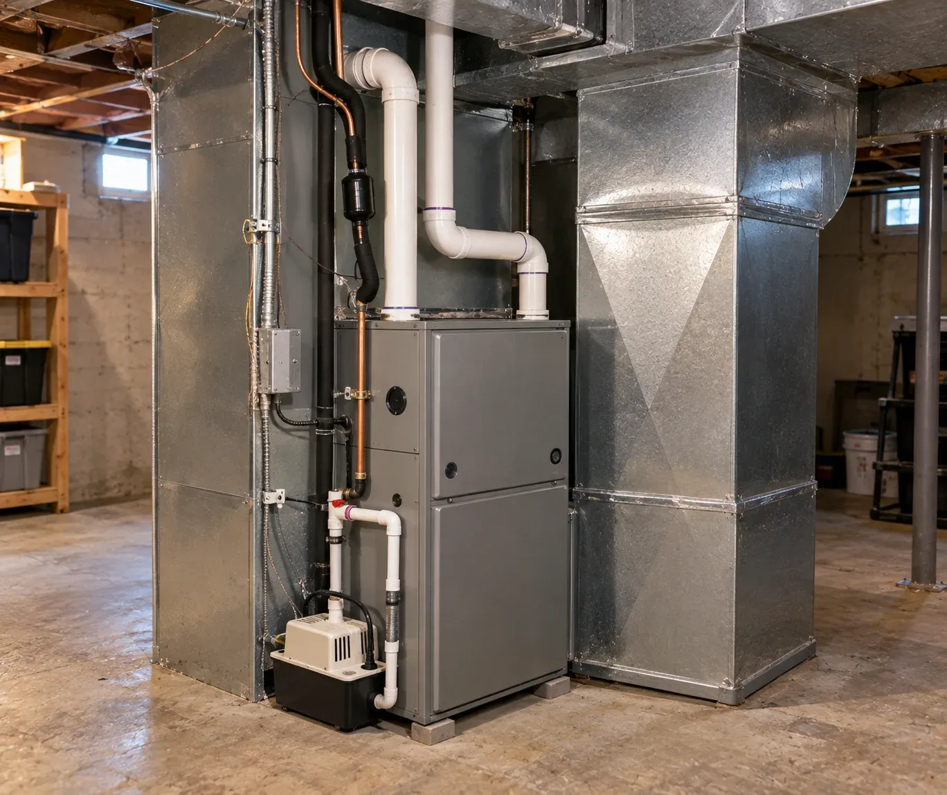 High-efficiency furnace and ductwork installed in a metro Atlanta basement