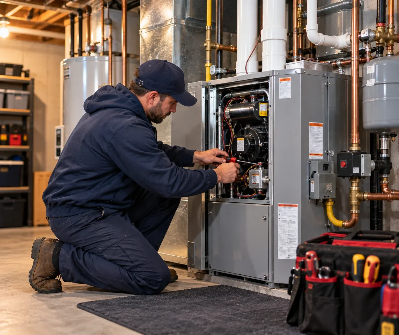 Technician servicing a furnace and boiler system in a Atlanta, GA basement