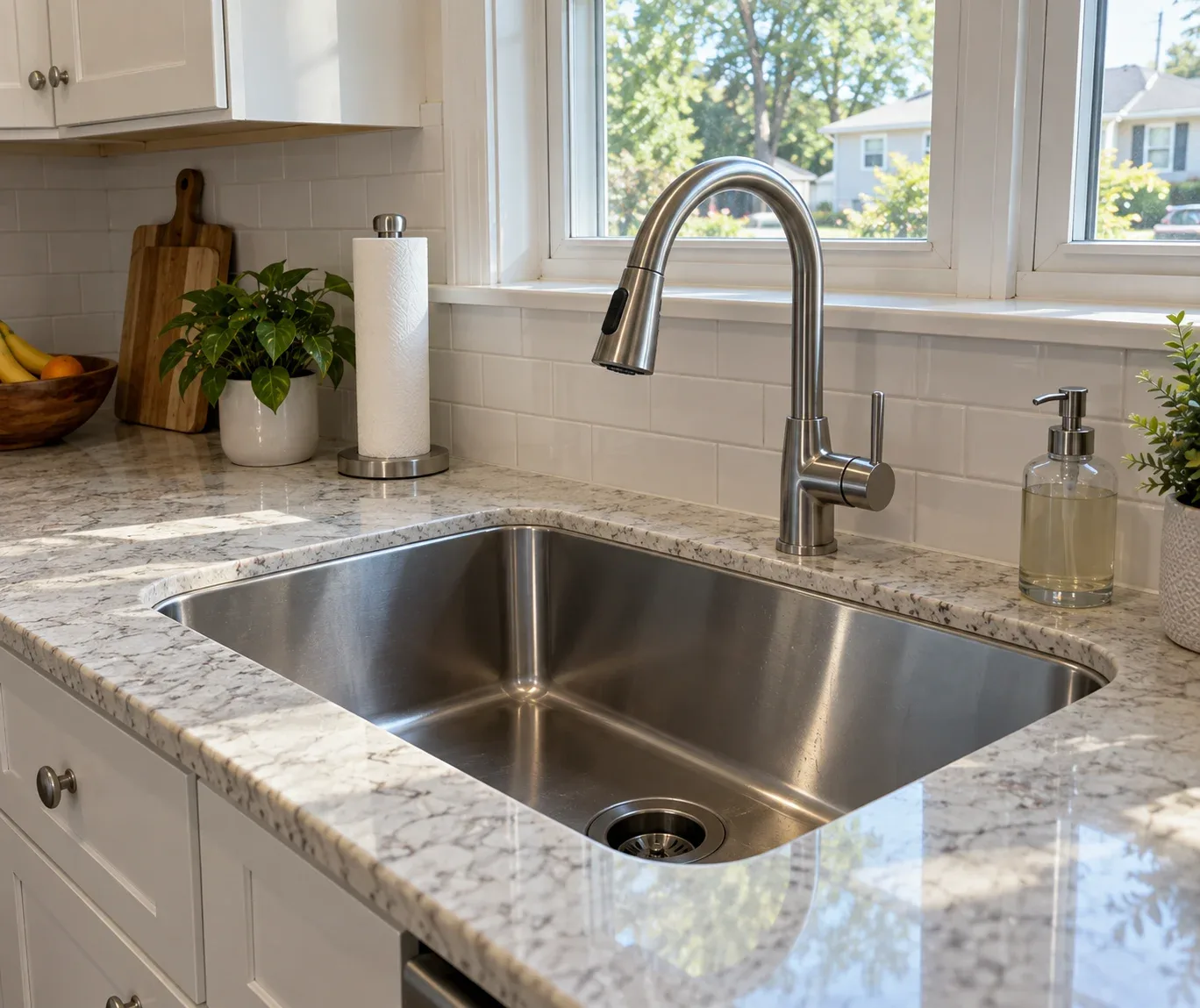 Stainless kitchen sink and pull-down faucet installed in a Atlanta, GA kitchen