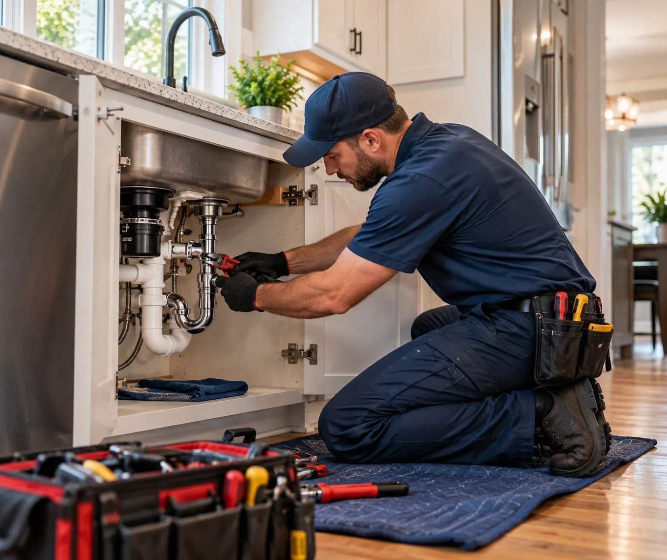 Plumber repairing a kitchen sink drain and P-trap in a Atlanta, GA home