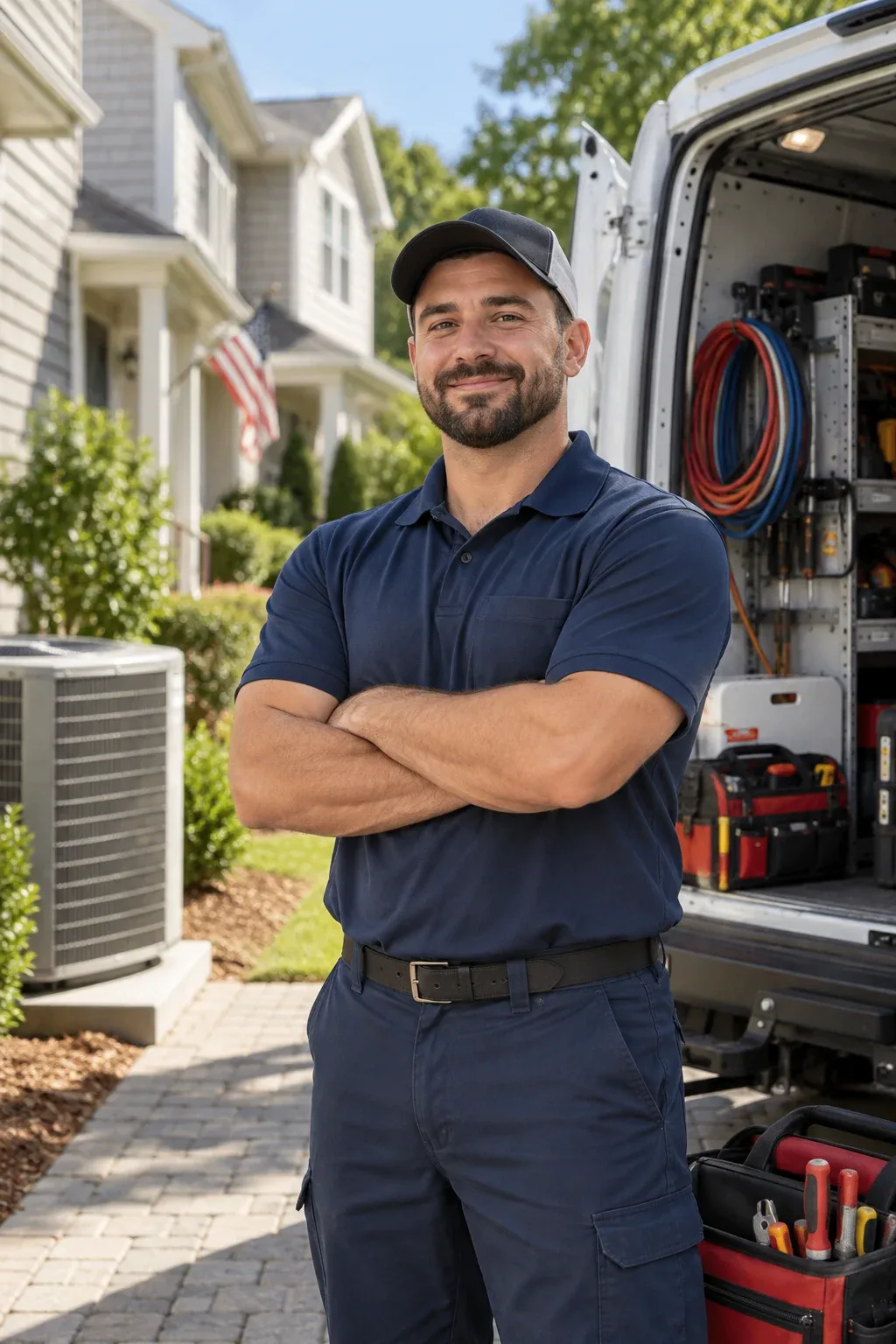 Ridgeway Mechanical Plumbing technician in front of a stocked service van in Atlanta, GA